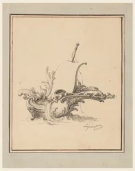 Dibujo de un escudo en forma de barco con vela, para Recueil Nouveau de Differens Cartouches, 1734