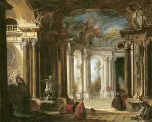 El interior de un palacio barroco con compañía elegante conversando junto a fuentes