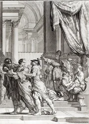 Joiada, Sumo Sacerdote de Jerusalén proclamando al Príncipe Joás como Rey de Judá, escena de 