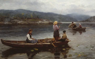Gente pescando en el lago.