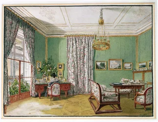 Una dama en su escritorio en un salón Biedermeier, c. 1821