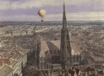 Vuelo en globo sobre Viena (Vista de Viena desde el suroeste con un globo sobre la ciudad)