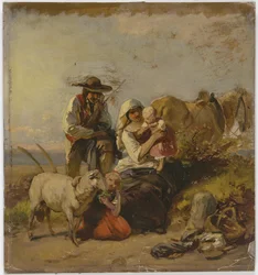 Familia de campesinos con un caballo y una cabra en el campo