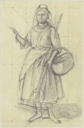 Campesina con rastrillo y cesta