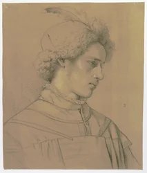 Joven con sombrero de plumas de tres cuartos