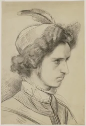 Joven con sombrero de plumas de tres cuartos