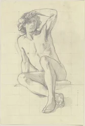 Desnudo masculino sentado, tapándose los ojos con la mano izquierda