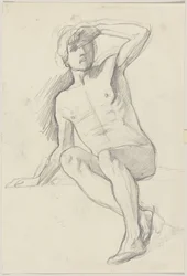 Desnudo masculino sentado, protegiéndose los ojos con la mano izquierda