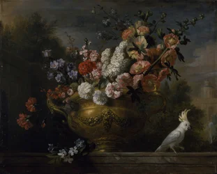 Bodegón con flores en una urna, con una cacatúa sobre una repisa, hacia 1699