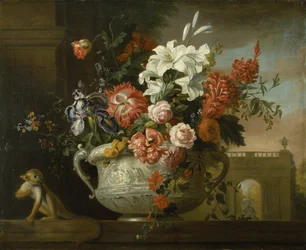 Naturaleza muerta con flores en una urna, con un mono, en un saliente, c.1699