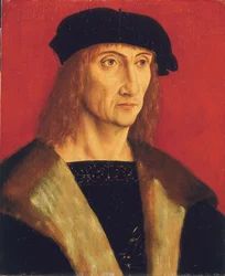 Retrato de un hombre con abrigo forrado de piel, cadena de oro y boina negra, ante un fondo rojo