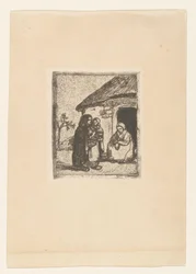Dos mujeres y un niño delante de una casa
Pequeña mendiga (título original)