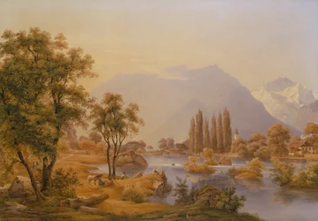 Una Vista del Río Aare e Interlaken con la Iglesia del Monasterio