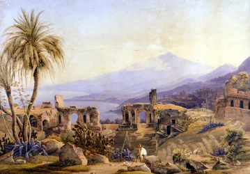 Taormina en Sicilia: las ruinas y el Etna. Pintura de Jacob Suter, alrededor de 1850.