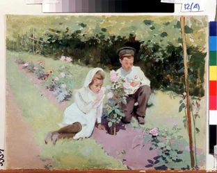 Dos niños en un jardín de rosas". Pintura de Jakov Kalinichenko (1869-1938) 1908 Estado Regional I. Museo de Arte Pozhalostin, Ryasan