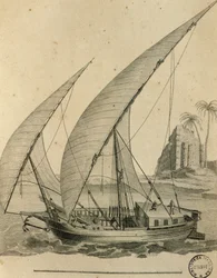 Velero de Nubia, Egipto, grabado de Cartes et figures du Voyage en Nubie et en Abyssinie, James Bruce