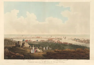 Curaçao, de Two Views of Curaçao tomadas desde la colina entre la ciudad y Fort George, grabado por Thomas Hall