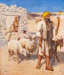 Tierra Santa: Pastor y redil (litografía en color)