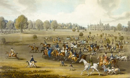 Galgueros tomando el campo en Hatfield Park (grabado por James Pollard)