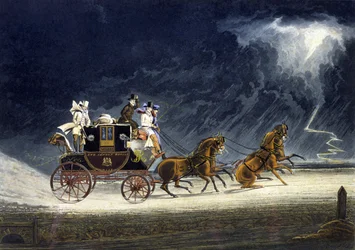 El coche de correos en una tormenta (grabado por R.G. Reeve)