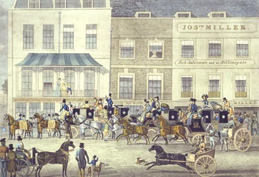 Correo del oeste en la Gloucester Coffee House, Piccadilly, grabado por C. Rosenberg