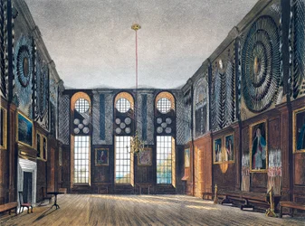 Cámara de guardia, grabado de Richard Reeve (nacido en 1780), basado en el diseño de James Stephanoff (ca 1788-1874), de La Historia de las Residencias Reales