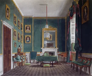 Sala verde, grabado de Daniel Havell basado en diseño de James Stephanoff, de The History of the Royal Residences