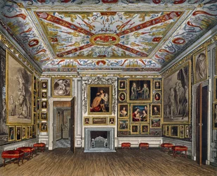 Sala de reuniones, grabado de Daniel Havell, basado en diseño de James Stephanoff, de La Historia de las Residencias Reales