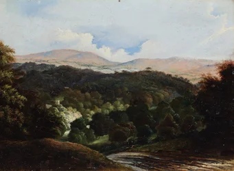 Paisaje con edificios en un bosque (óleo sobre tabla de molino)