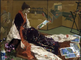 ""Caprice in purple and gold: the golden screen"" Mujer joven vestida al estilo japonés en kimono, mirando grabados - (Japanismo) Pintura de James Abbott McNeill Whistler (1834-1903) 1864 Freer Gallery of Art, Washington Estados Unidos