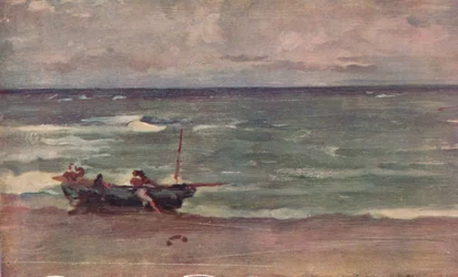 Armonía en azul y plata: Varando el barco, Etretat, c1897