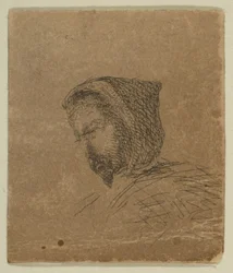 Cabeza masculina con capucha de Bocetos en la Placa de la Encuesta Costera, 1854-55