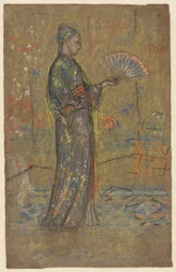 Mujer japonesa pintando un abanico (recto), Mujer de pie levantando su vestido (verso), c. 1872