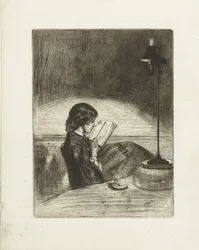 Retrato de Deborah Delano leyendo Lectura a la luz de una lámpara