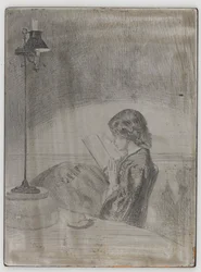 Leyendo a la luz de la lámpara, 1858