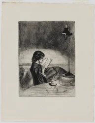Leyendo a la luz de la lámpara, 1858
