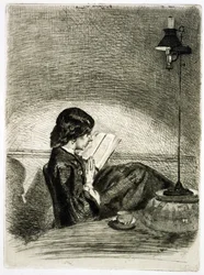 Leyendo a la luz de la lámpara, 1858