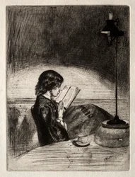 Leyendo a la luz de la lámpara, 1859