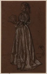 Figura de pie con abanico, c.1873/1876 (tiza en blanco y negro sobre papel marrón)