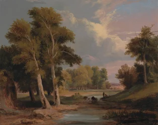 Paisaje fluvial arbolado con pescadores