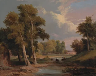 Paisaje fluvial boscoso con pescadores