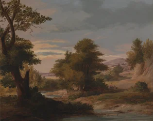 Paisaje fluvial boscoso con madre e hijo