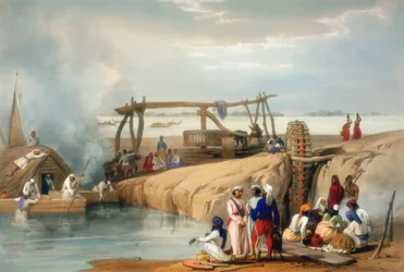 Rueda persa elevando agua del río Sutlej, Punjab, 1842