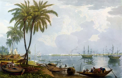 Vista de Calcuta, desde un punto opuesto a Kidderpore, 1837, grabado por Robert Havell el Joven