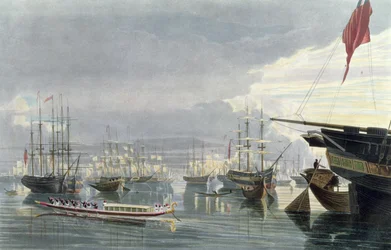 Vista del río, barcos y la ciudad de Calcuta, desde cerca del muelle de Smith, 1837, grabado por Robert Havell el Joven