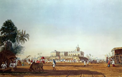 Lall Bazaar y la Capilla Portuguesa, Calcuta, grabado por Robert Havell, publicado en 1824