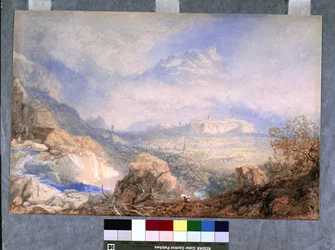 Valle del Ródano con la ciudad y la ciudadela de Sión, en Suiza (acuarela y gouache sobre papel blanco)