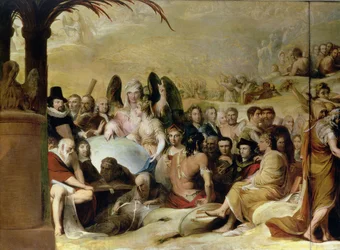 Elysium, o el estado de la retribución final, sexto en la serie El progreso de la cultura y el conocimiento humano c.1777-84, detalle de científicos y filósofos mirando el globo