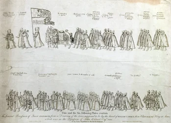 El cortejo fúnebre de la reina Isabel I, a partir de un dibujo de la época que se supone es obra de William Camden, el rey de armas Clarencieux, grabado por James Basire (1730-1802), pub. 1791 (grabado)