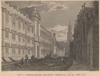Vista de Exeter College, All Saints Church, desde el Turl